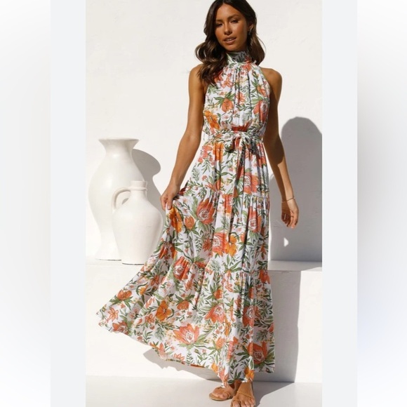 Petal & Pup Orange Floral Halter Cut Out Maxi Dress size 8 - Picture 2 of 12